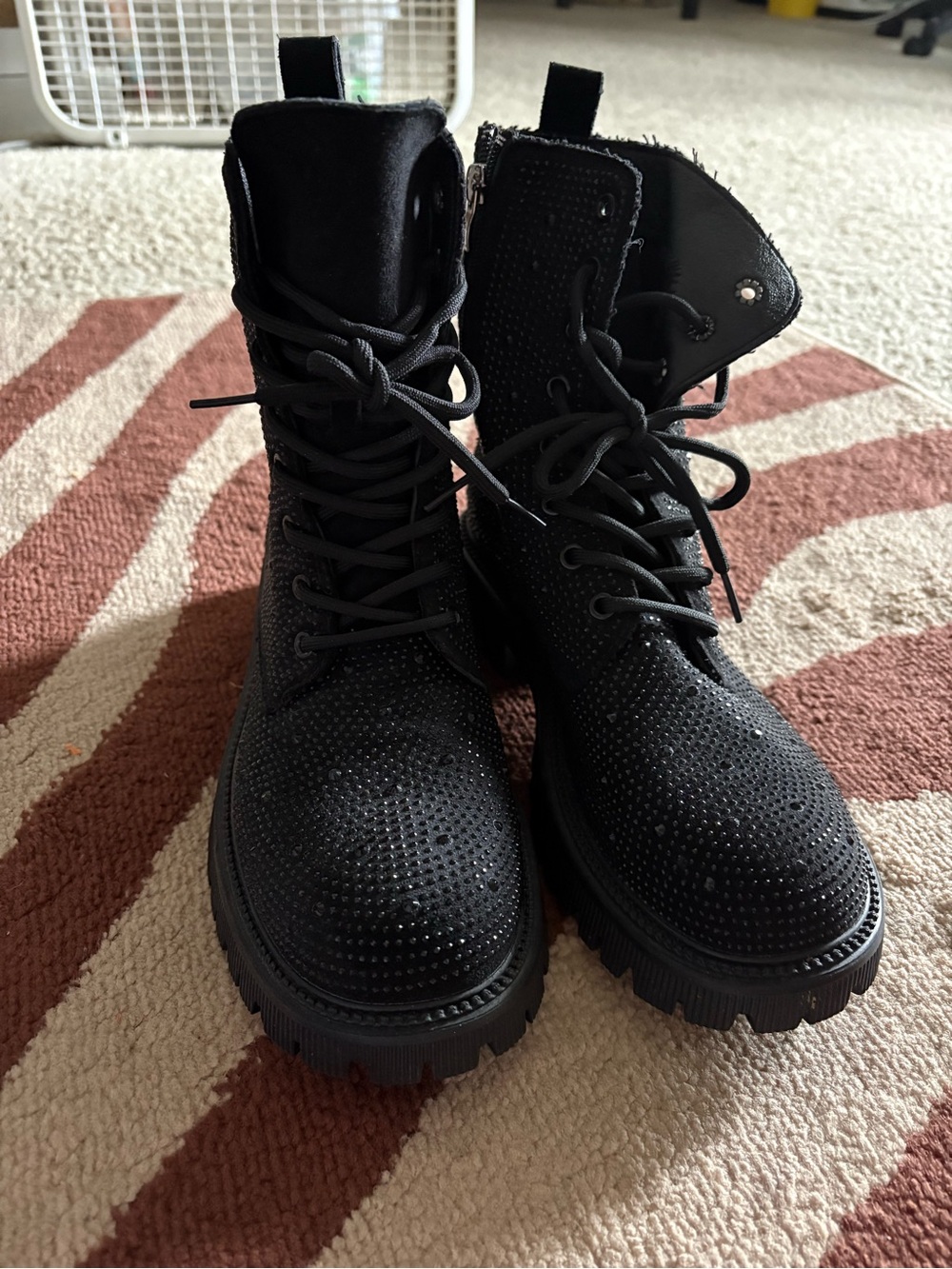 Black Women's Lace-Up Rhinestone Combat Boots